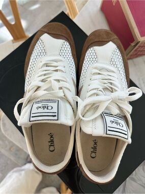 Kids White and Brown Leather Mesh Sneakers